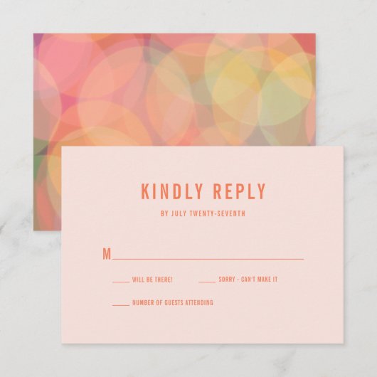 Moderne Kleurrijke Bokeh Lights Perzik Bruiloft RSVP Kaartje (Voorkant / Achterkant)
