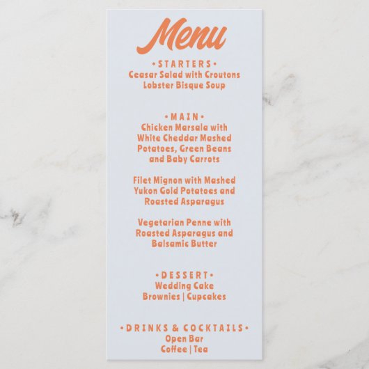 Moderne Kleurrijke Bold Funky Retro 70s bruiloft Menu (Voorkant)