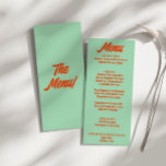 Moderne Kleurrijke Bold Funky Retro Groovy Bruilof Menu<br><div class="desc">Een kleurrijke retro funky moderne groene bruiloft diner menu. Wat chique sjabloon ontwerp van boho  groene achtergrond en oranje gewaagde typografie. En heldere groene achtergrond. Perfect en passend bij de hele suite.</div>