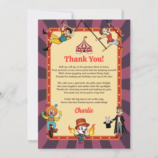Moderne Kleurrijke Cartoon Circus Flat Dank u kaar Bedankkaart (Voorkant)