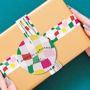 Moderne Kleurrijke Disco Ball Tartan Plaid Kerstmi Bedankjes Labels