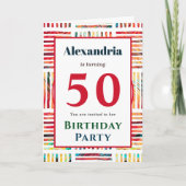 Moderne, kleurrijke Fabulous 50th Birthday Invitat Kaart (Voorkant)