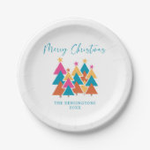 Moderne Kleurrijke Feestelijke Kerstbomen Typograf Papieren Bordje (Voorkant)