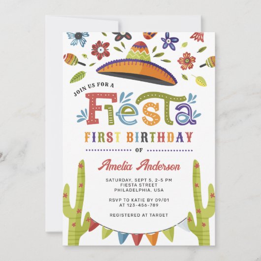 Moderne Kleurrijke Fiesta Mexicaans Eerste Verjaar Kaart (Voorkant)