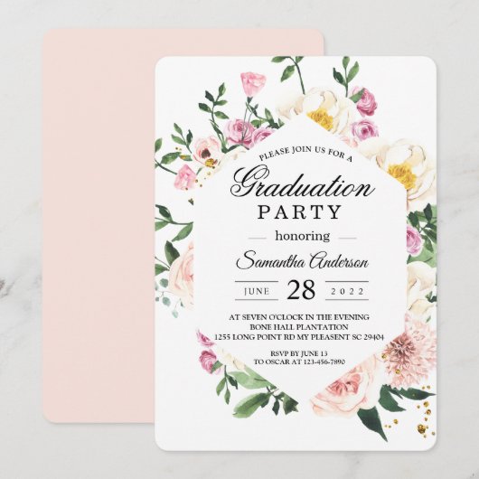 Moderne kleurrijke Floral Graduation Party Kaart (Voorkant / Achterkant)