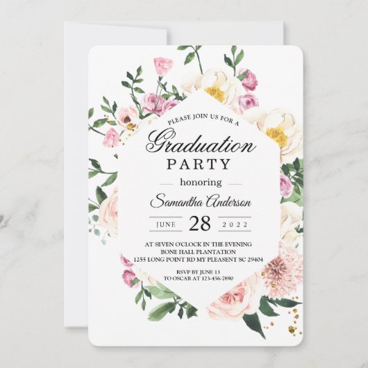 Moderne kleurrijke Floral Graduation Party Kaart (Voorkant)
