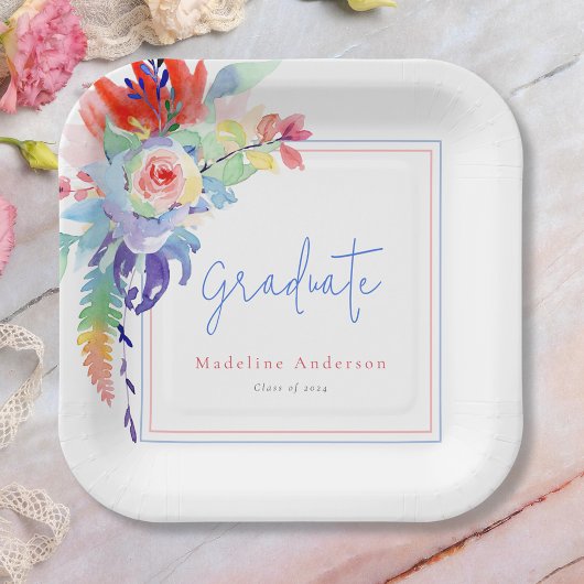 Moderne kleurrijke Floral Graduation Party Papieren Bordje