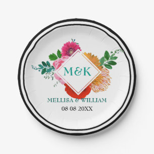Moderne kleurrijke Floral Illustration Wedding Des Papieren Bordje