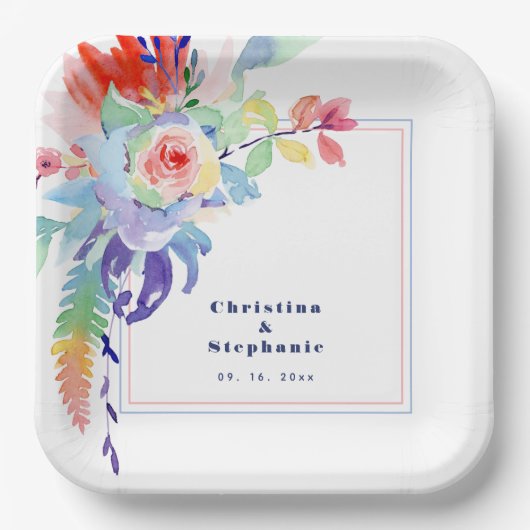 Moderne Kleurrijke Floral LGBTQ Bruiloft Papieren Bordje (Voorkant)