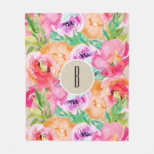 Moderne, kleurrijke Floral Waterverf Kraft Fleece Deken (Voorkant)