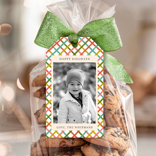 Moderne kleurrijke foto kerstvakantie cadeaulabel