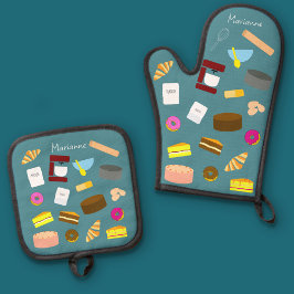 Moderne kleurrijke gebakken goederen en bakgerei ovenwant & pannenlap set