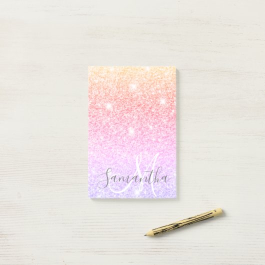 Moderne, kleurrijke glitter bevat persoonlijke naa post-it® notes (Op bureau)