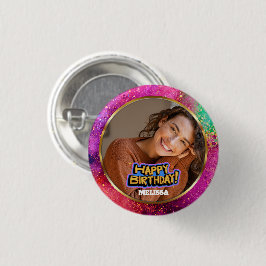 Moderne Kleurrijke Glitter Foto Naam Verjaardag Ronde Button 3,2 Cm