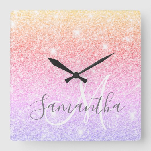 Moderne kleurrijke glitter heeft persoonlijke naam vierkante klok (Voorkant)