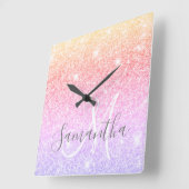 Moderne kleurrijke glitter heeft persoonlijke naam vierkante klok (Hoek)