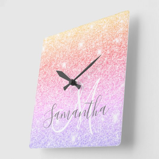 Moderne kleurrijke glitter heeft persoonlijke naam vierkante klok (Hoek)