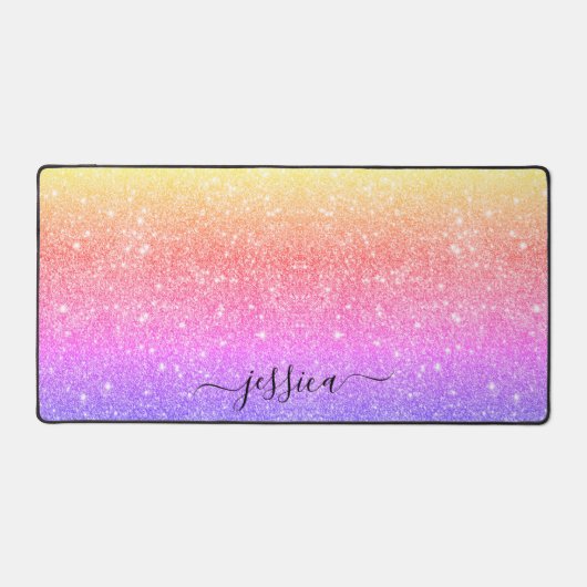 Moderne kleurrijke glitter scriptnaam bureaumat (Voorkant)