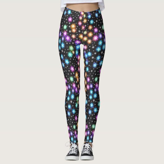 Moderne Kleurrijke Glow Snowflakes Kerstfeest Leggings (Voorkant)