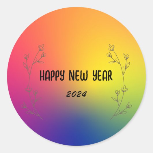Moderne Kleurrijke Gradiënt Bloemen Gelukkig Nieuw Ronde Sticker (Voorkant)