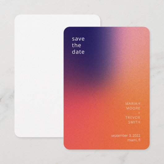 Moderne Kleurrijke Gradiënt Paarse Oranje Bruiloft Save The Date (Voorkant / Achterkant)