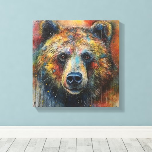 Moderne Kleurrijke Grizzly Beer Art Canvas Afdruk (Insitu (Houten vloer))