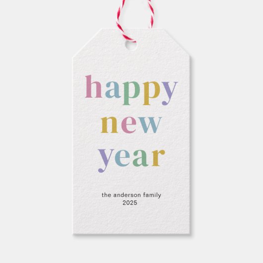 Moderne kleurrijke Happy New Year typografie Cadeaulabel (Voorkant)