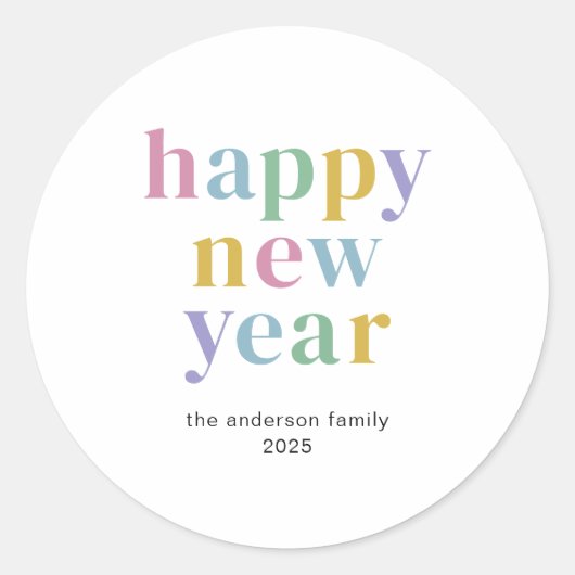 Moderne kleurrijke Happy New Year typografie Ronde Sticker (Voorkant)