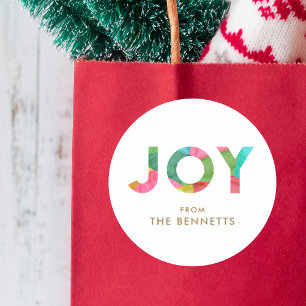Moderne Kleurrijke JOY Gepersonaliseerde Kerstmis Ronde Sticker