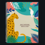Moderne Kleurrijke Jungle Luipaard Naam Notitieboek<br><div class="desc">Dit moderne, stijlvolle notitieboek heeft een met de hand getekende luipaard en vogel (kakadoe), samen met junglebladeren en willekeurige, artistieke vormen. De achterkant van het boek heeft een bijpassend patroon van tropische bladeren. Het kleurenpalet bestaat uit lichtbeige, aqua/teal, blauw, koraal, wit, groen, roze en goudgeel. Geweldig voor terug naar school,...</div>