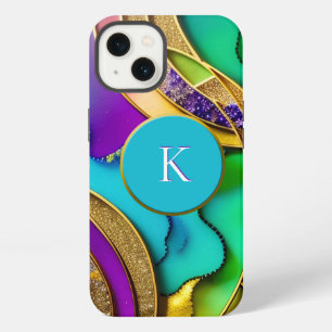 Moderne Kleurrijke Juwelen Abstract & Gouden Monog iPhone 13 Hoesje