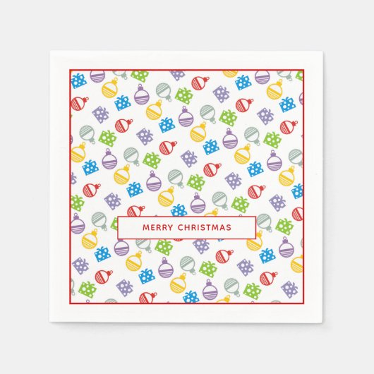 Moderne, kleurrijke kerstballen en geschenken servet (Voorkant)