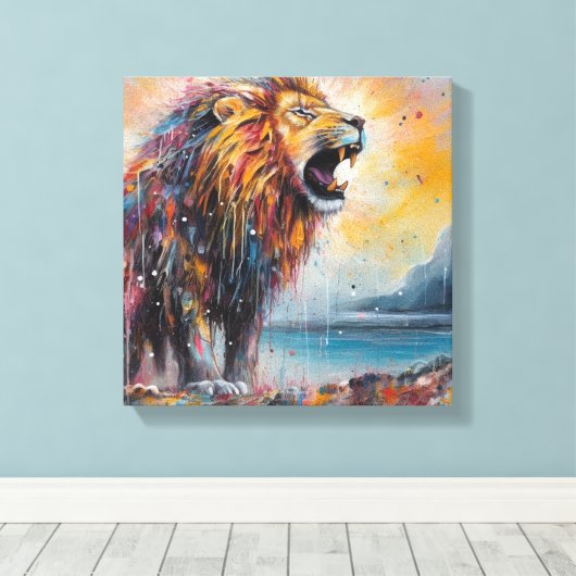 Moderne kleurrijke leeuwenkunst canvas afdruk (Insitu (Houten vloer))