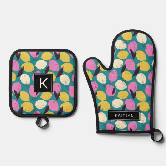 Moderne Kleurrijke Lemons Patroon Monogram Naam Ovenwant & Pannenlap Set (Voorkant)