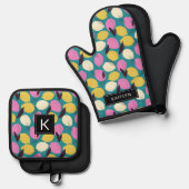 Moderne Kleurrijke Lemons Patroon Monogram Naam Ovenwant & Pannenlap Set (Voorkant / Achterkant)
