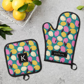Moderne Kleurrijke Lemons Patroon Monogram Naam Ovenwant & Pannenlap Set