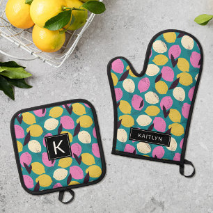 Moderne Kleurrijke Lemons Patroon Monogram Naam Ovenwant & Pannenlap Set