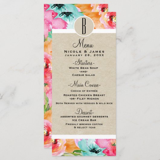 Moderne kleurrijke lente Bloemen Waterverf Menu Ka (Voorkant / Achterkant)