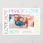Moderne, kleurrijke letters MERRY JOY PEACE LOVE f Feestdagenkaart (Voorkant)