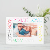 Moderne, kleurrijke letters MERRY JOY PEACE LOVE f Feestdagenkaart (Staand voorkant)