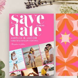Moderne kleurrijke leuke trouwfoto oranje en roze save the date