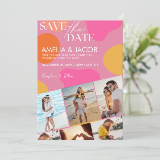 Moderne kleurrijke leuke trouwfoto  save the date (Staand voorkant)