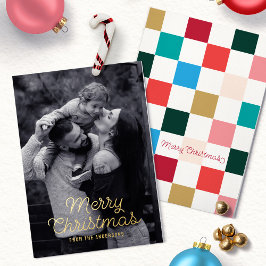 Moderne Kleurrijke Merry Christmas Checkerboard Fo Folie Feestdagenkaart