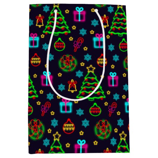 Moderne kleurrijke neon verlicht kerstmis medium cadeauzakje (Voorkant)