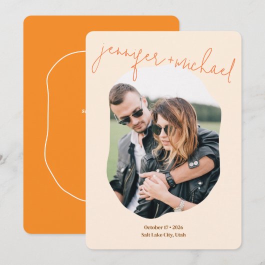 Moderne Kleurrijke Oranje Script Foto Bruiloft Save The Date (Voorkant / Achterkant)