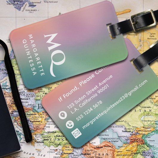 Moderne kleurrijke pastel en witte monogram Initia Bagagelabel