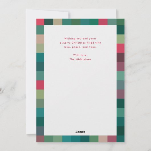 Moderne kleurrijke pixel geruite kerstfoto feestdagenkaart (Achterkant)