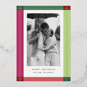 Moderne Kleurrijke Plaid Lijst Kerstfoto Folie Feestdagenkaart (Voorkant)