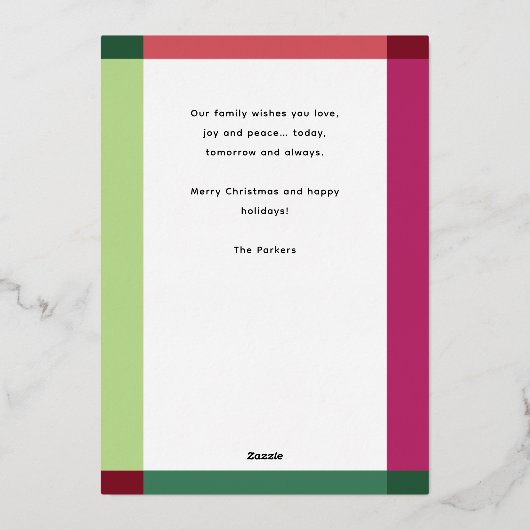 Moderne Kleurrijke Plaid Lijst Kerstfoto Folie Feestdagenkaart (Achterkant)