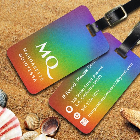 Moderne kleurrijke regenboog witte monogram Initia Bagagelabel